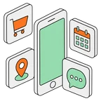 Смартфон и карточки шаблонов: корзина, календарь, карта, чат
