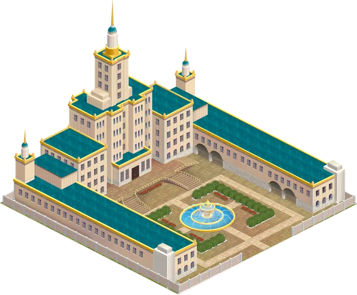 Здание Базы с бирюзовыми крышами и башней.