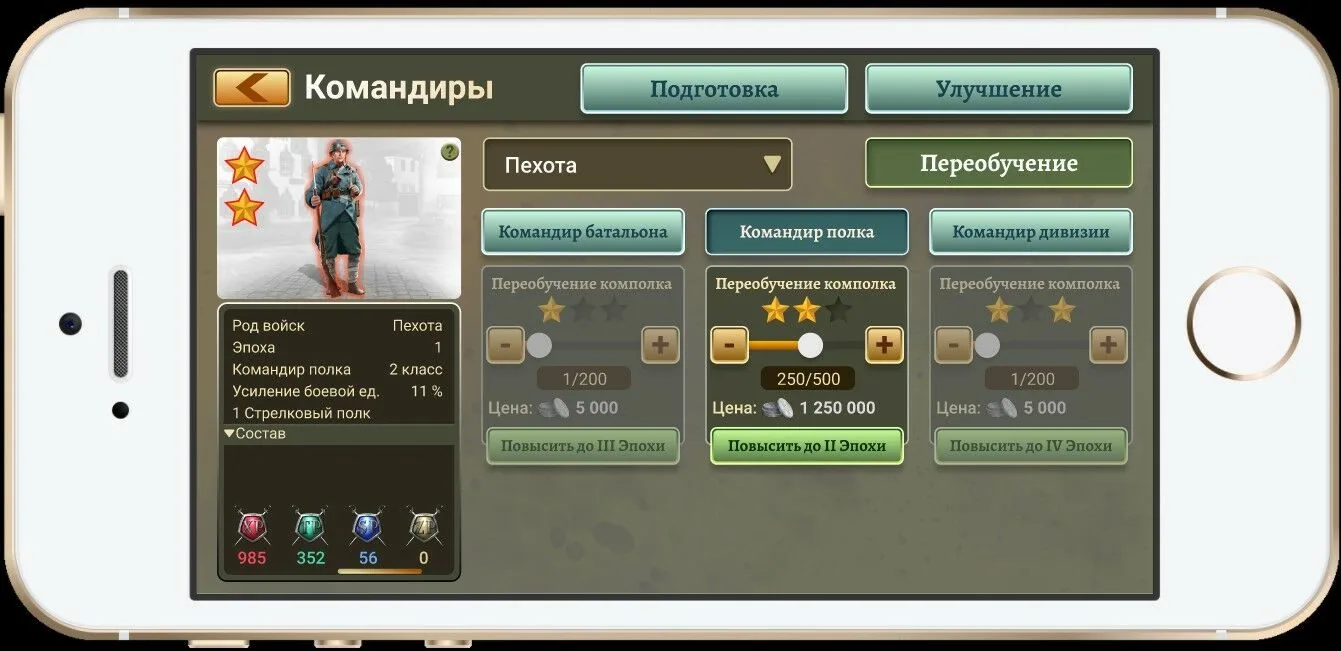 Смартфон с экраном «Командиры»: пехота, командиры батальона, полка и дивизии.