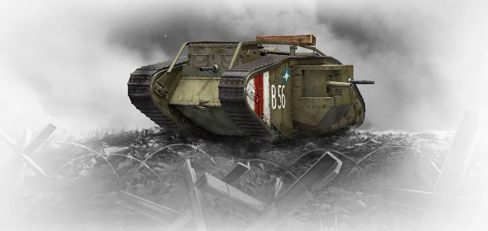 Ромбовидный танк Mark IV на изрытой земле.