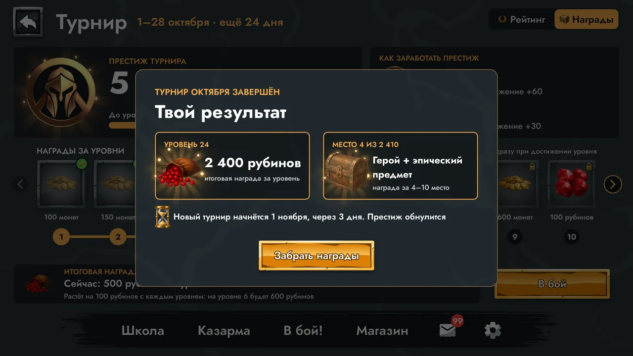 Итог турнира: уровень 24, место 4 из 2 410 и награды.