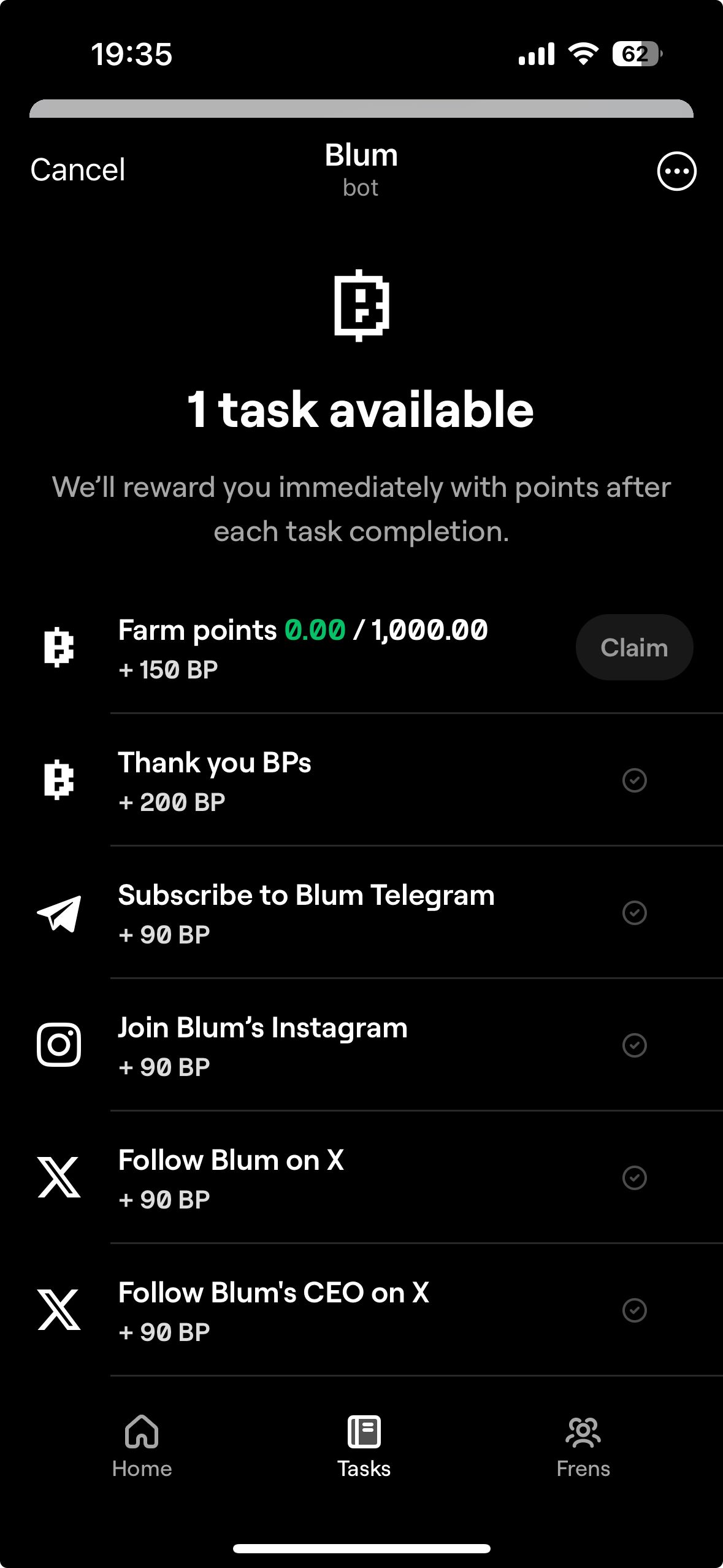 Blum задания в Telegram