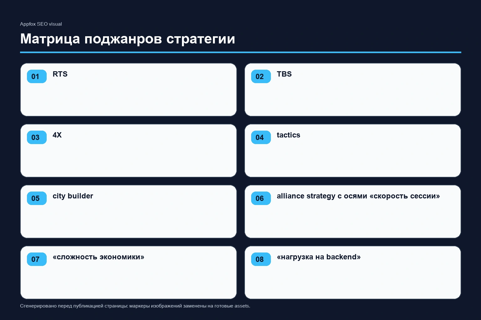 Матрица поджанров стратегии: RTS, TBS, 4X, tactics, city builder и alliance strategy с осями «скорость сессии», «сложность экономики», «нагрузка на backend», «глубина меты» и пометками, для каких платформ каждый поджанр подходит лучше всего.