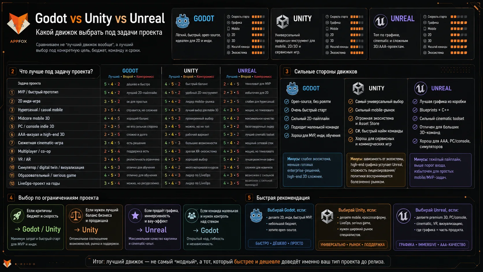 сравнение Godot, Unity и Unreal по задачам проекта