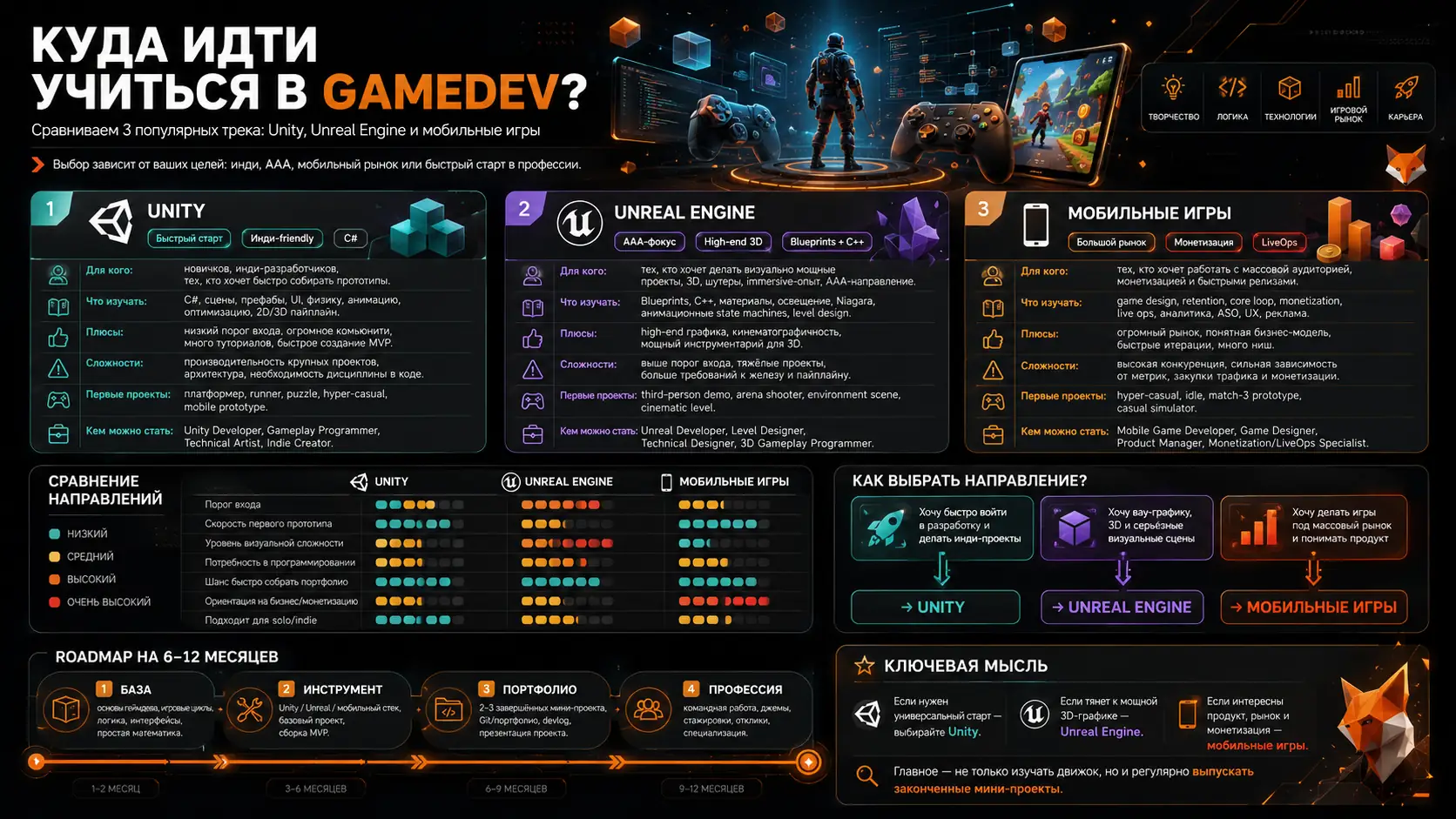 направления обучения в gamedev: Unity, Unreal Engine и мобильные игры