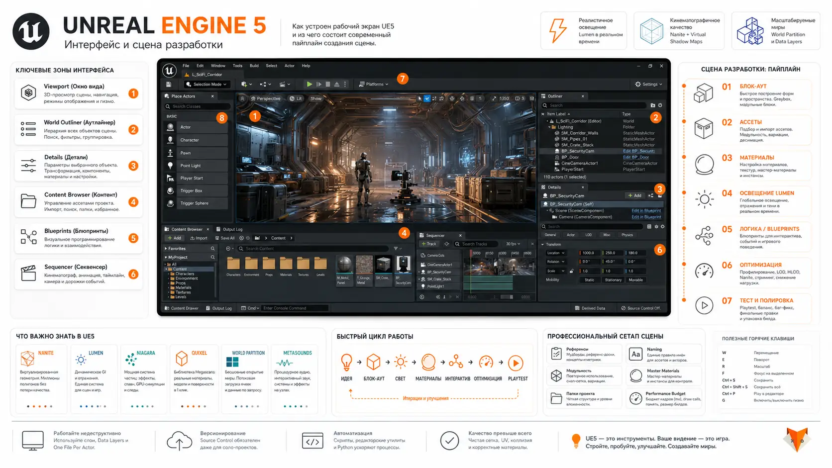 интерфейс Unreal Engine 5 и сцена разработки