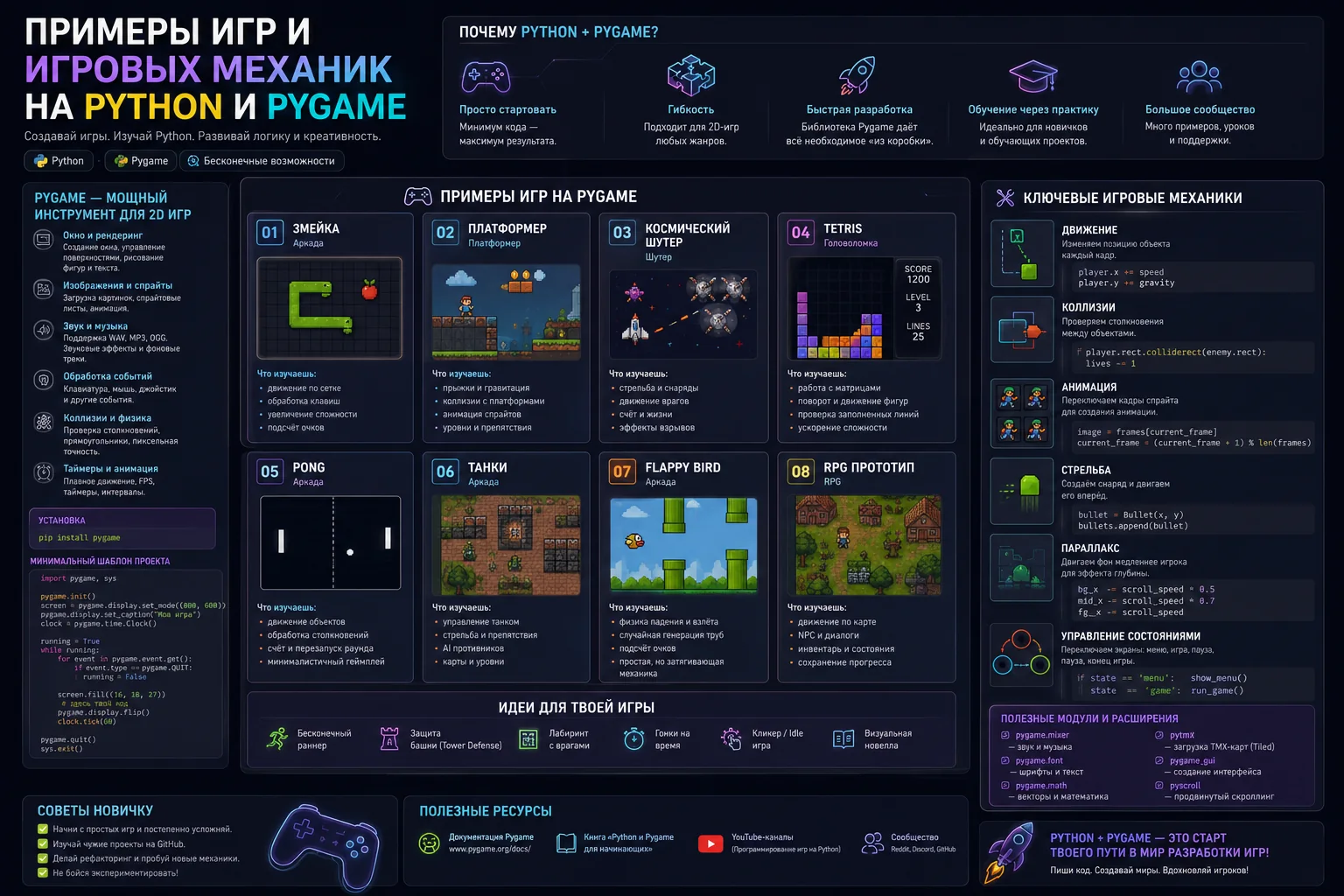 примеры игр и игровых механик на Python и Pygame