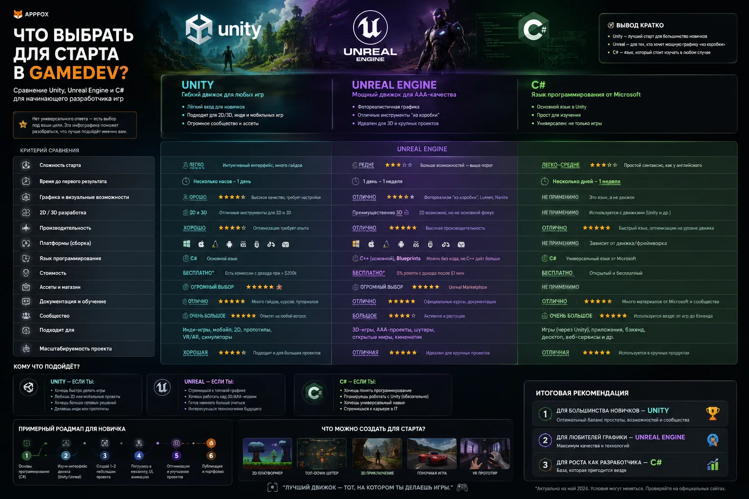 сравнение Unity Unreal Engine и C# для старта в gamedev