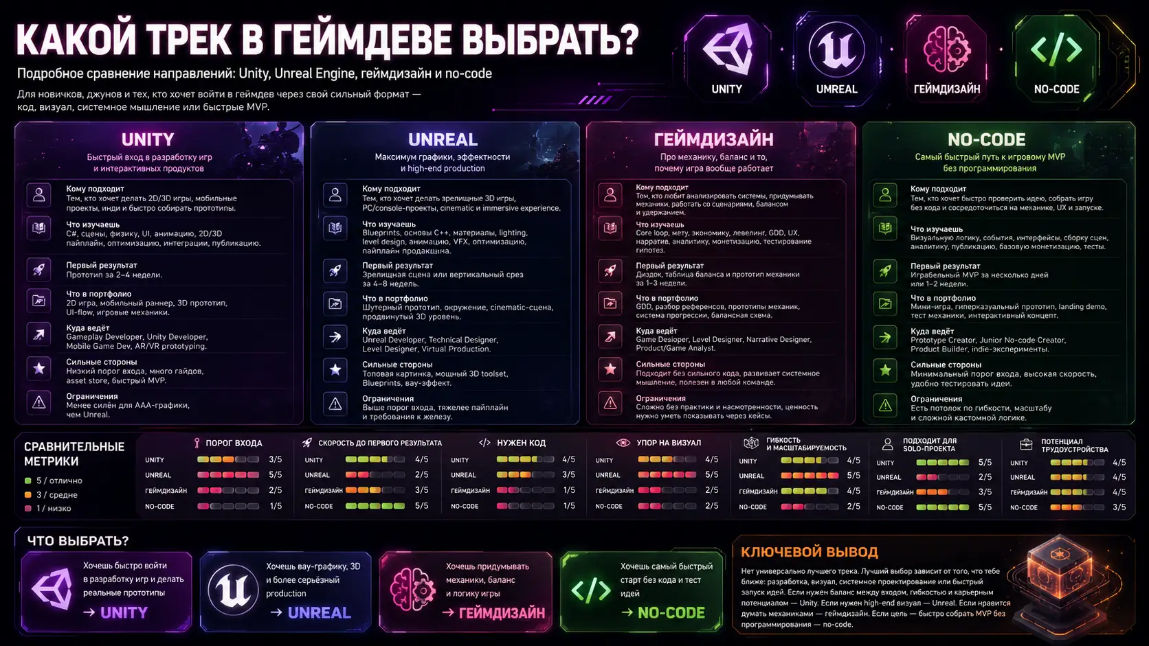 сравнение треков Unity, Unreal, геймдизайна и no-code