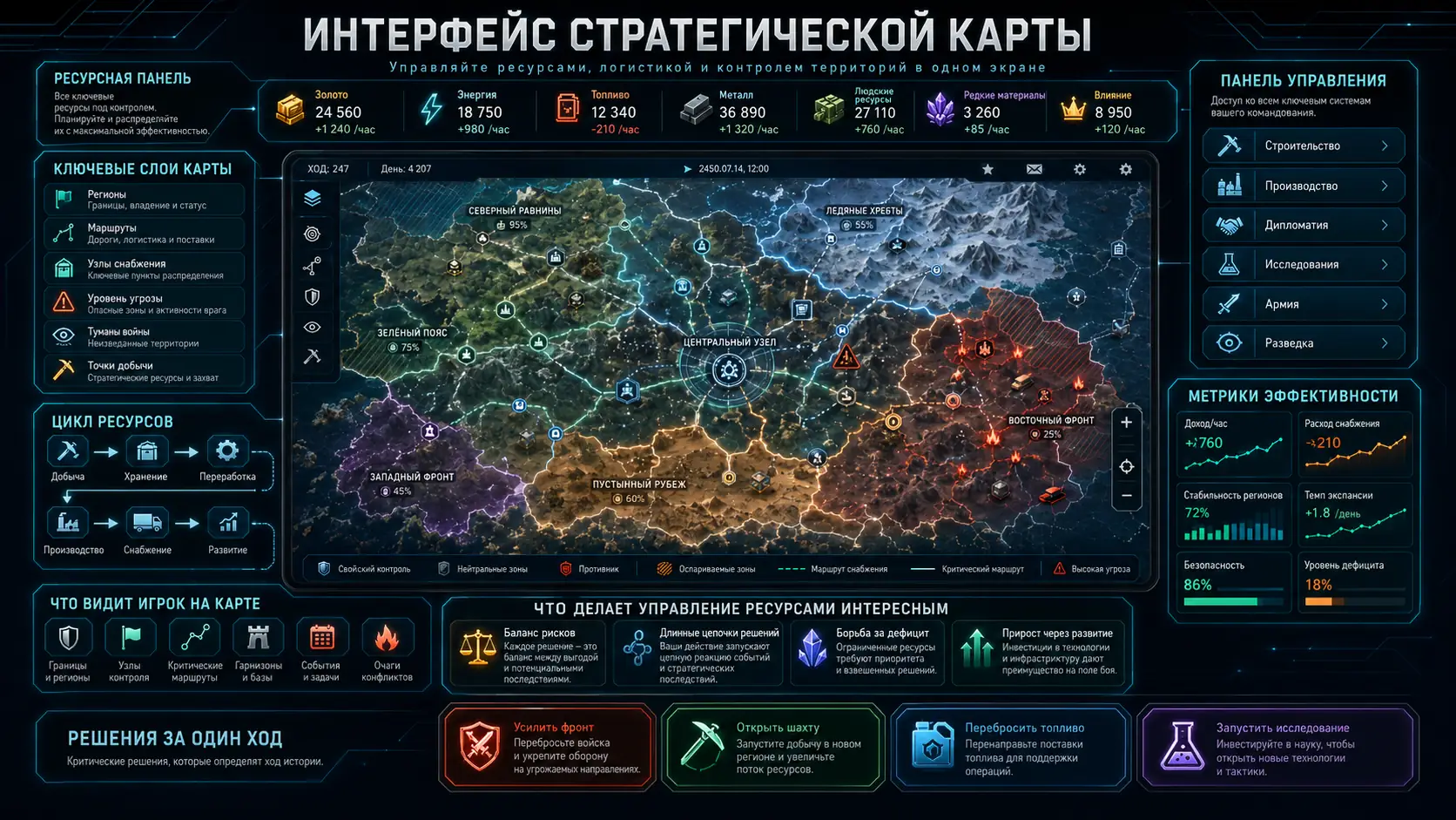 интерфейс стратегической карты и управления ресурсами