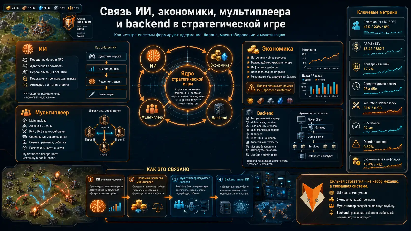 связь ИИ, экономики, мультиплеера и backend в стратегической игре