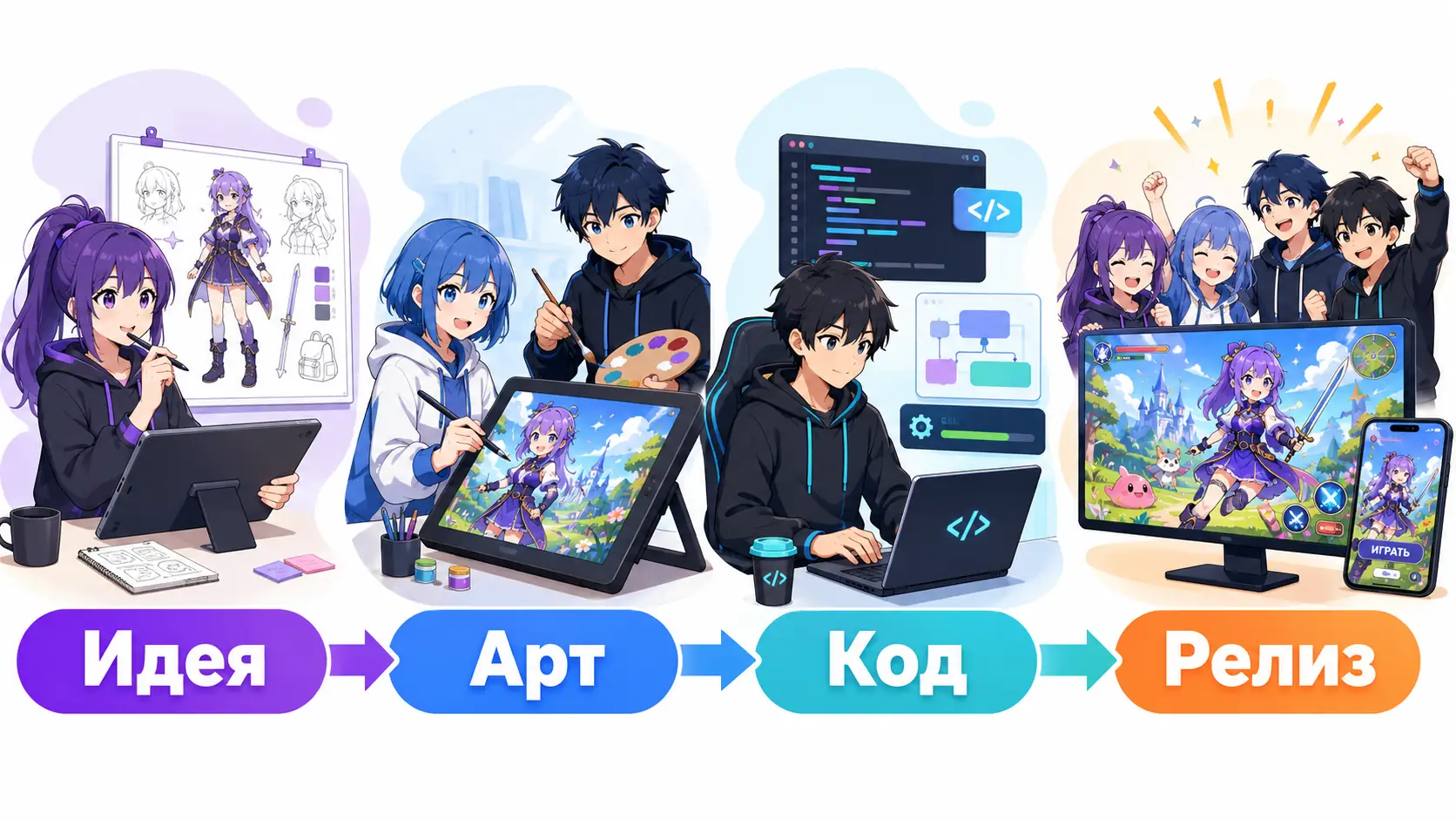 команда разработки игры в аниме-стиле