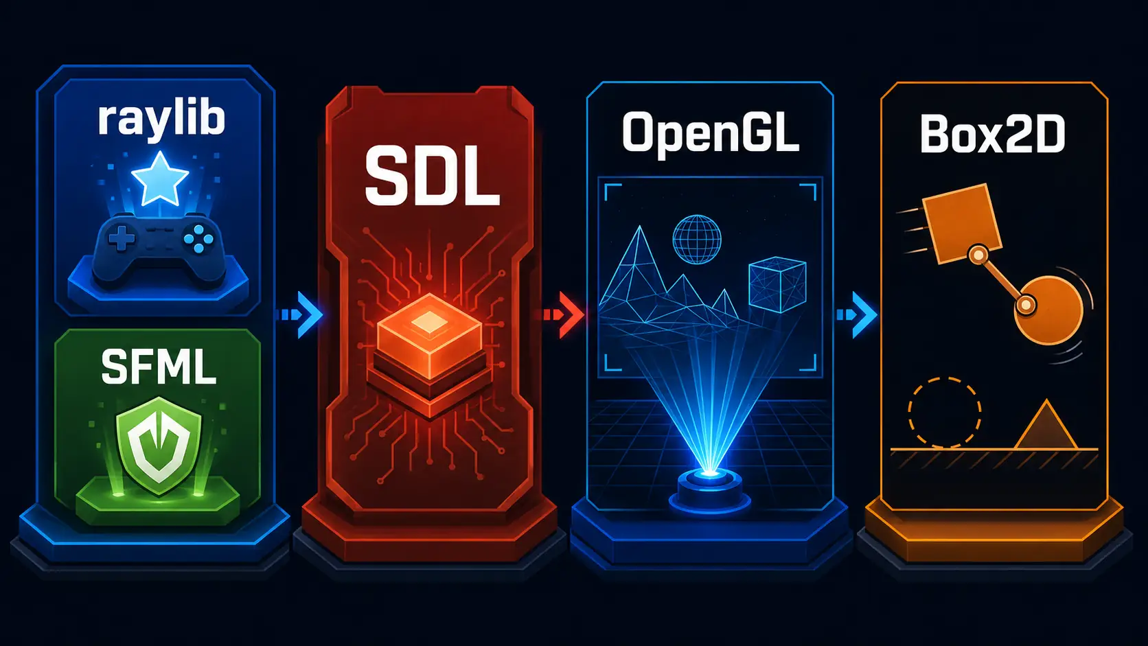 сравнение SDL, SFML, raylib, OpenGL и Box2D