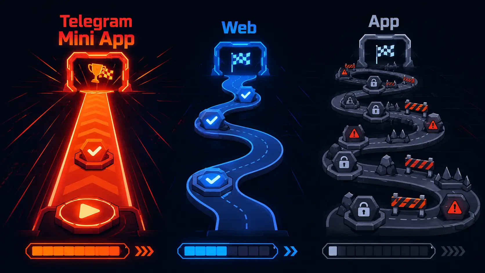 сравнение форматов запуска: Telegram Mini App, приложение и web