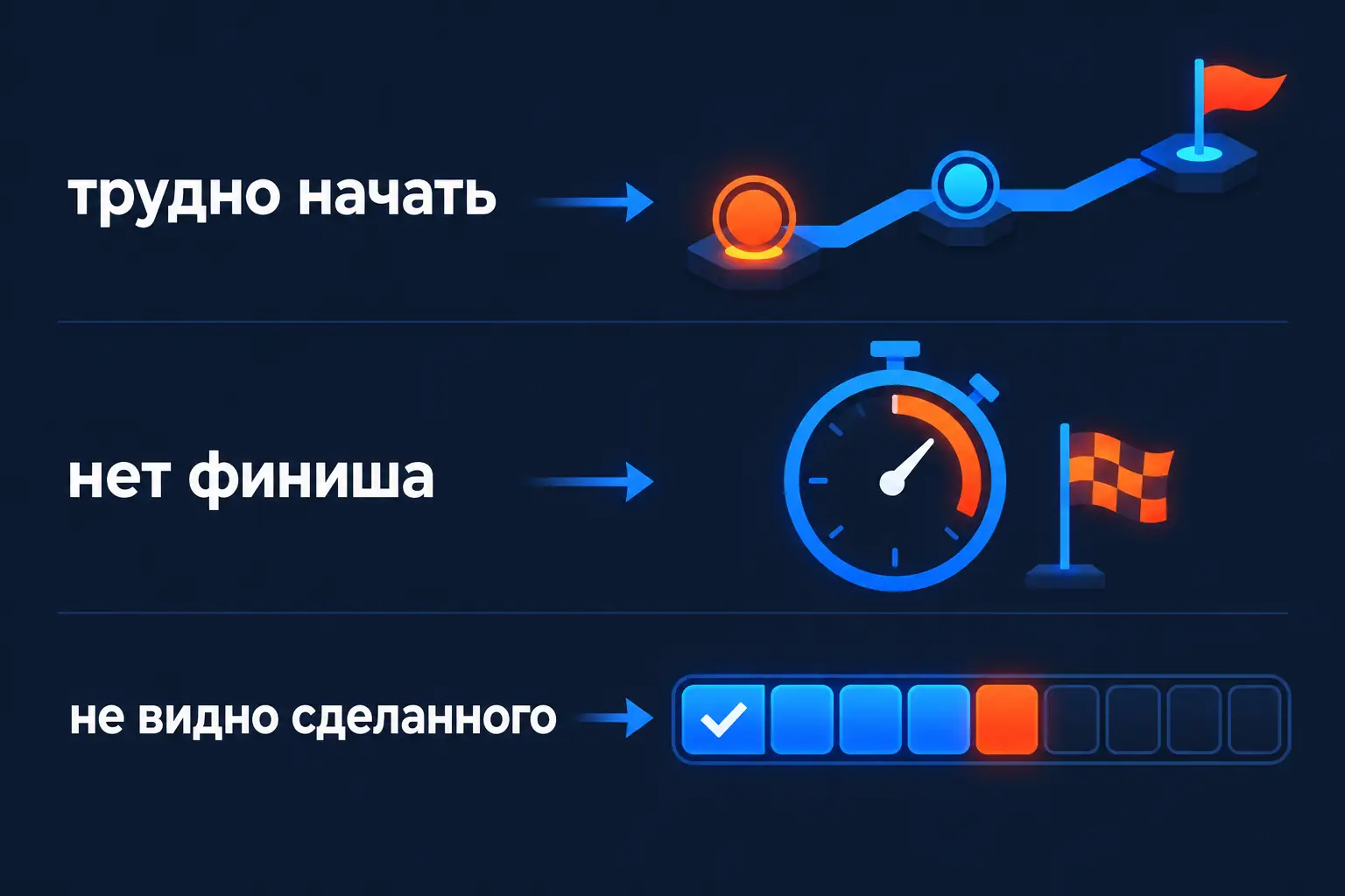 Выбор игровой механики: квест, таймер или шкала прогресса. Покажите связи: «трудно начать» → квест, «нет финиша» → спринт, «не видно сделанн