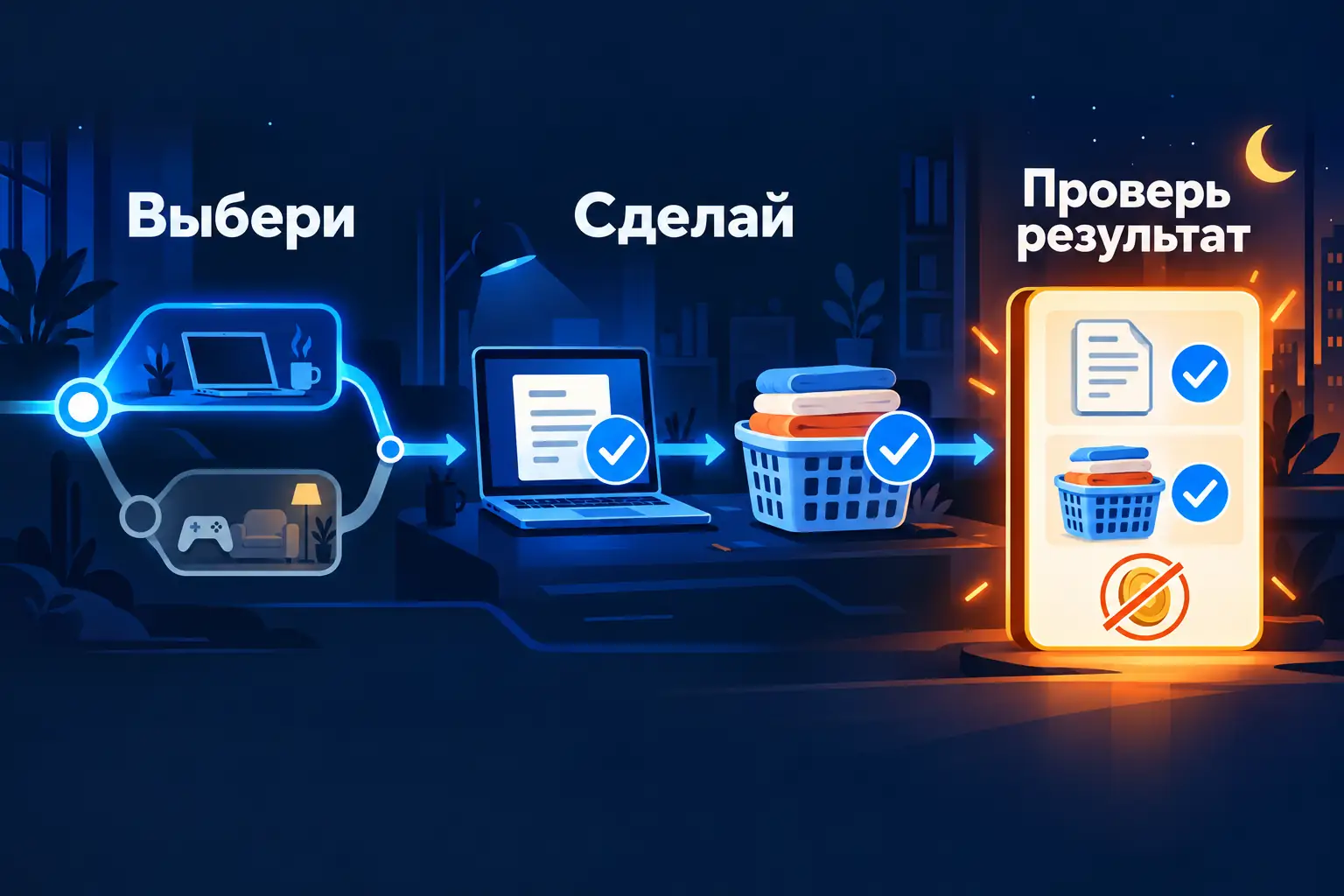 Условный пример геймификации дня с вечерней проверкой. Покажите путь от выбора к рабочей сессии и бытовому квесту: вечером оценивают сделанн