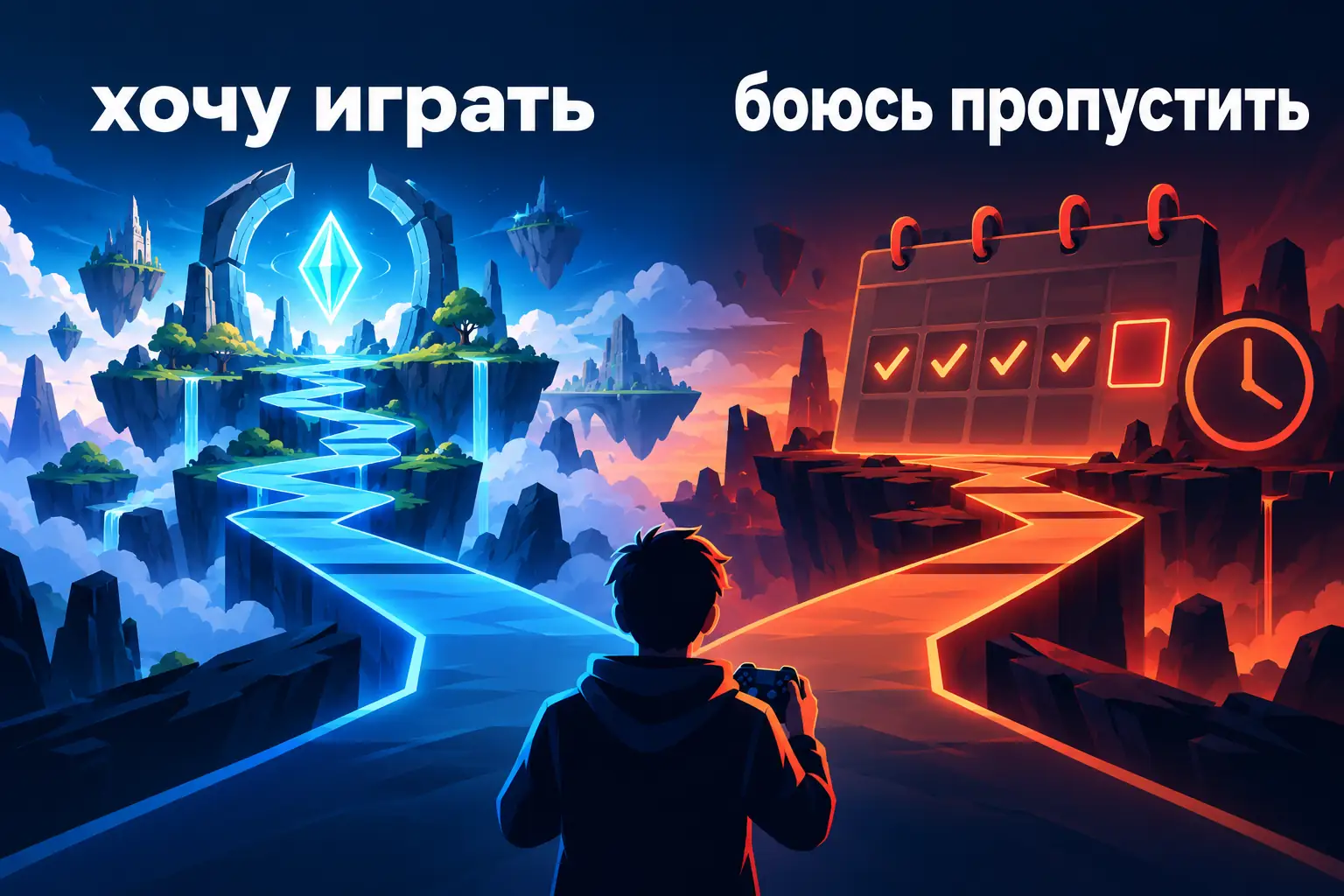 Игрок выбирает между интересной игровой целью и календарём обязательных отметок. Сравнить «хочу играть» и «боюсь пропустить», не изображая и