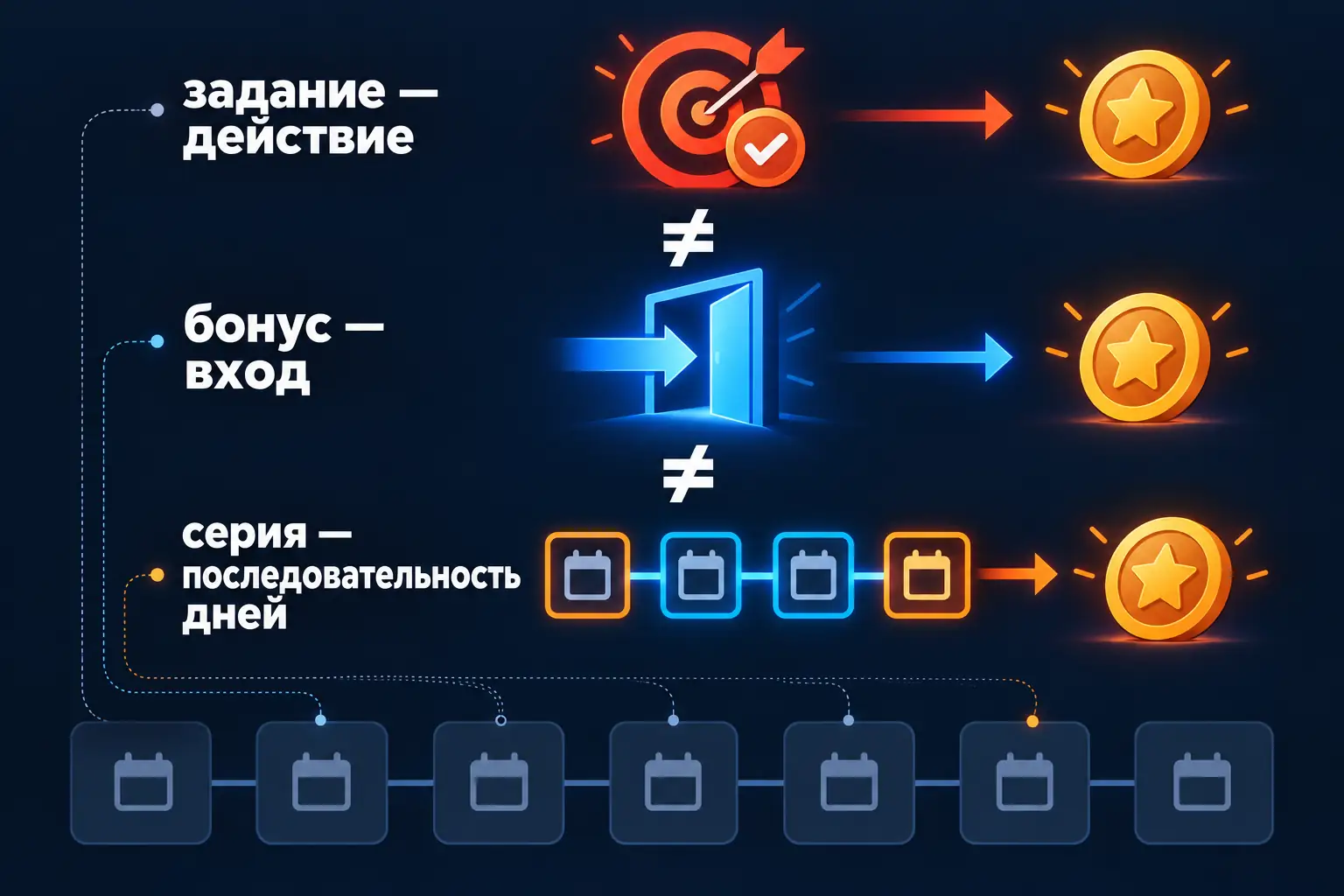 Сопоставить три механики: «задание — действие», «бонус — вход», «серия — последовательность дней». Показать, что ежедневный календарь не дел